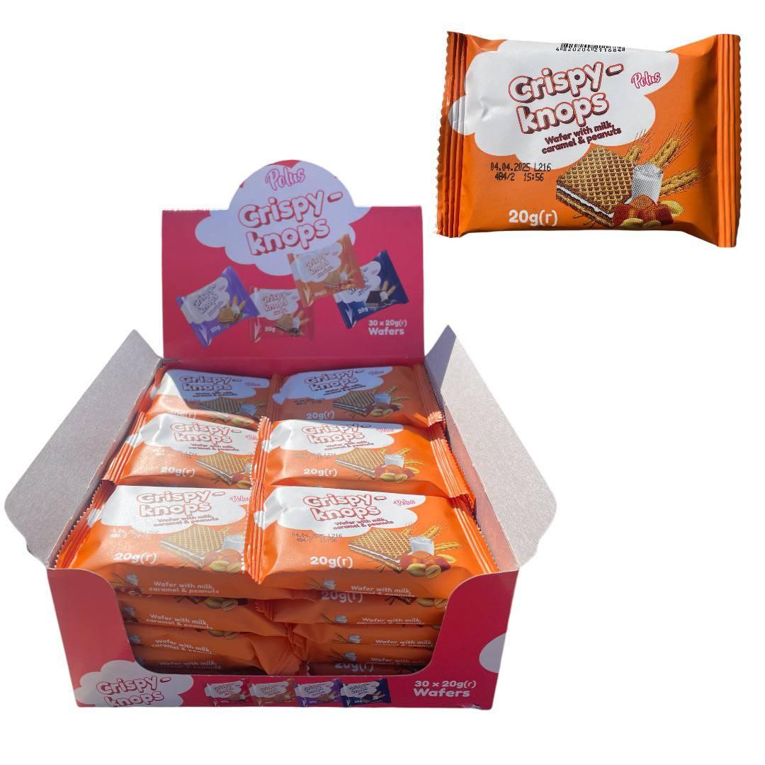 Вафлі POLUS Crispy-Knops з молочними начинками карамеллю та арахісом 20г (ящик 36 шт)